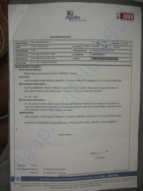 Histopathology report page 1