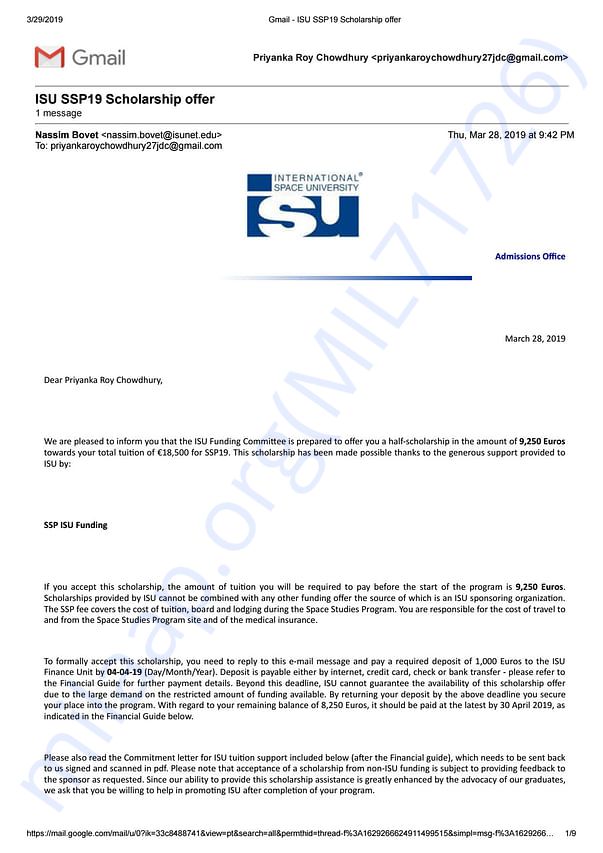 Scholarship letter