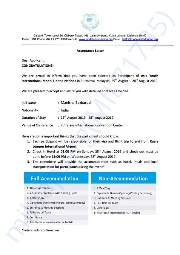 Letter Of Acceptance from AYIMUN