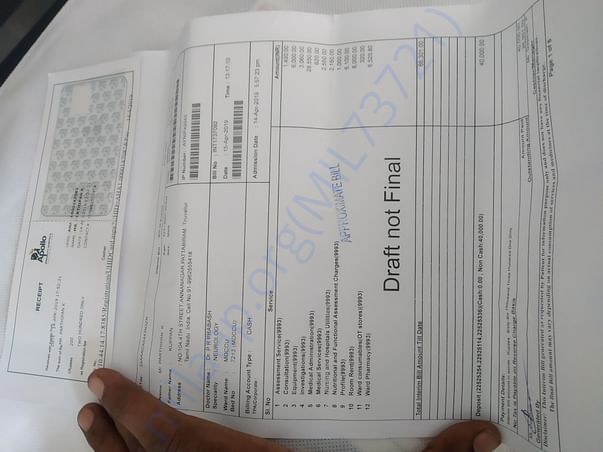 Draft bill for one night with admission card