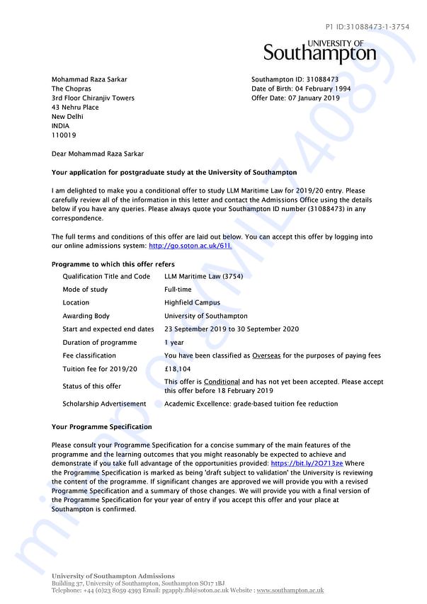 Admission letter