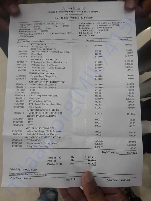 Medical bill as of 13th april 2019