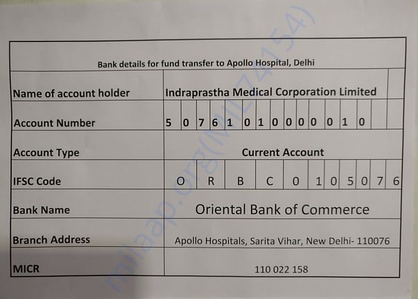 Apollo hospital RTGS transfer bank details