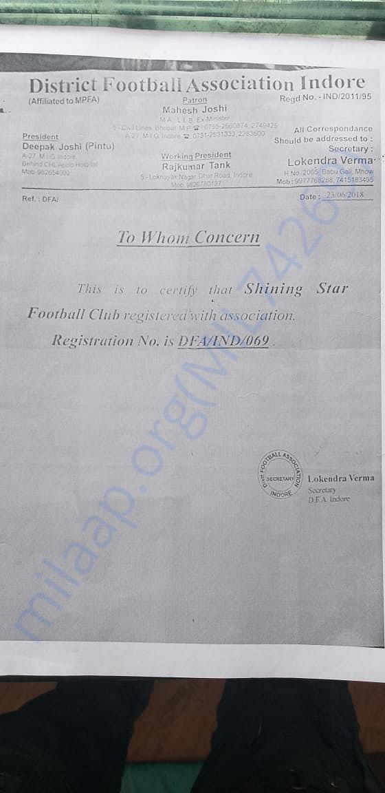 Affiliation certificate from District Football Association,Indore