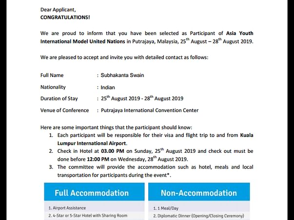Providing fund for participating in AYIMUN representing India