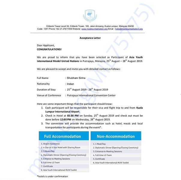 Acceptance letter from AYIMUN