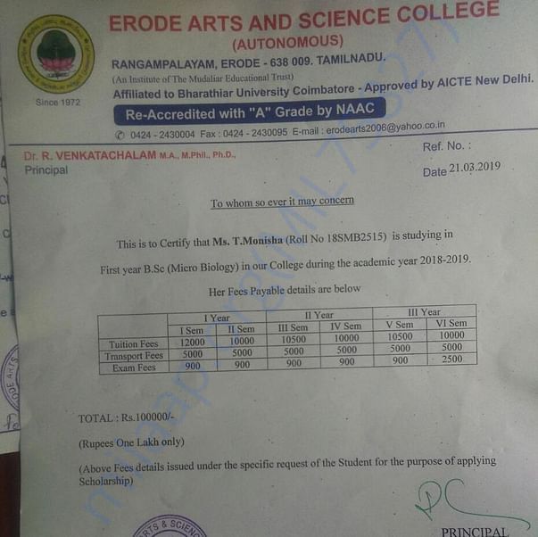 Fees receipt from the college