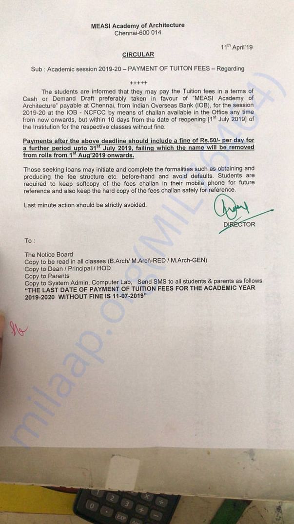 College circular for fee deadline