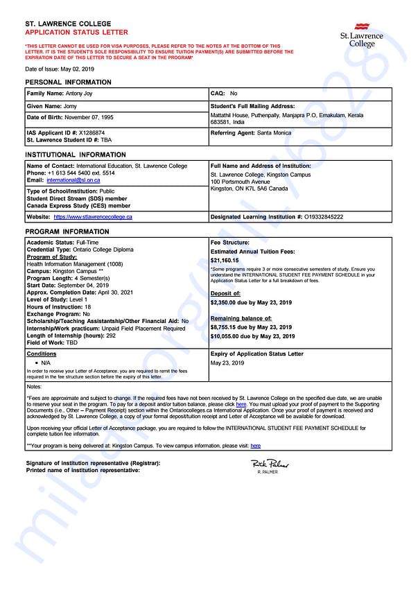 Admission letter