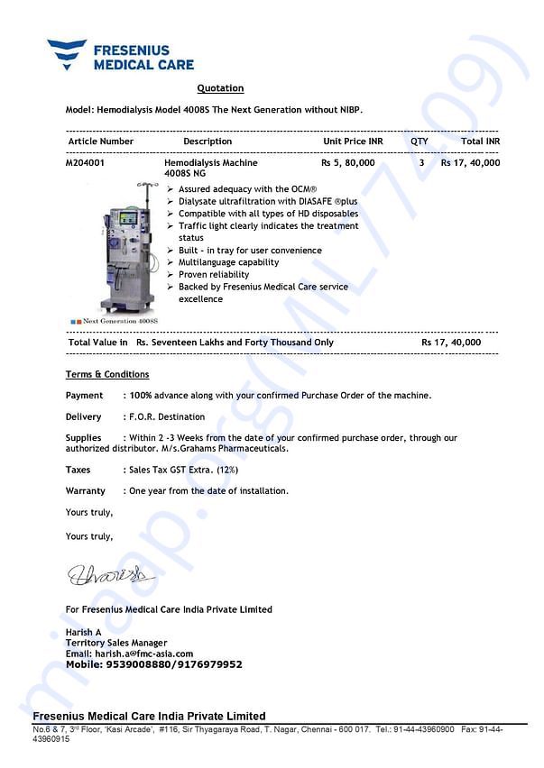 Quotation For 3 Dialysis Units