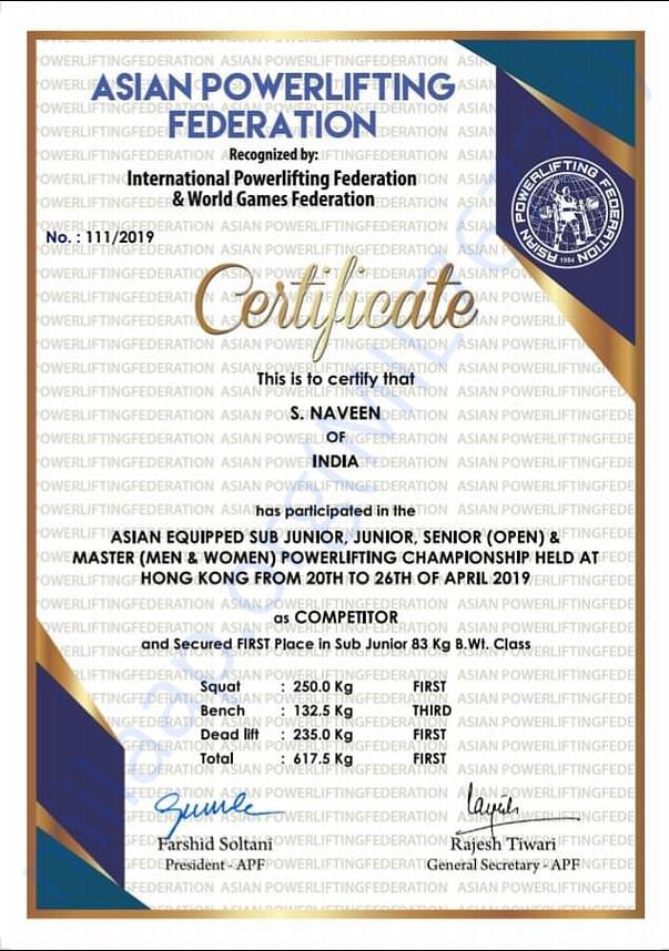 GOLD medal in Asian Powerlifting championship