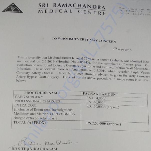 Medical Report from Sri Ramachandra Medical Centre (Dr. Thanikachalam)