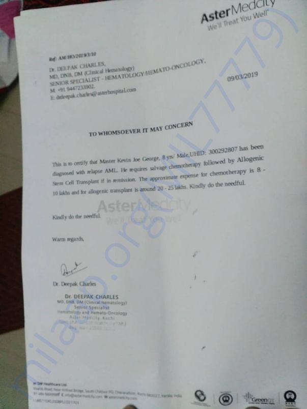 Estimate letter from Doctors from Aster Medcity Hospital
