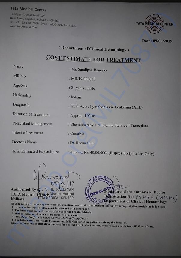 Cost estimate for chemotherapy and stem cell (bone marrow)transplant