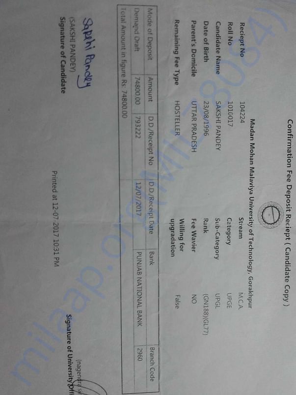 Her fee receipt of 1st yr. The same amount is in 3rd yr(final yr).