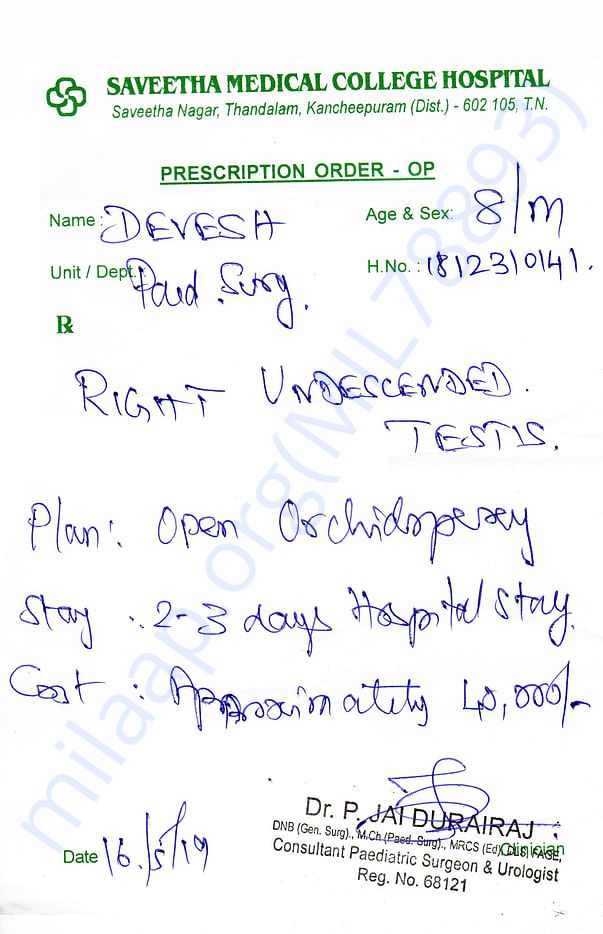 Letter from Saveetha hospital, Chennai
