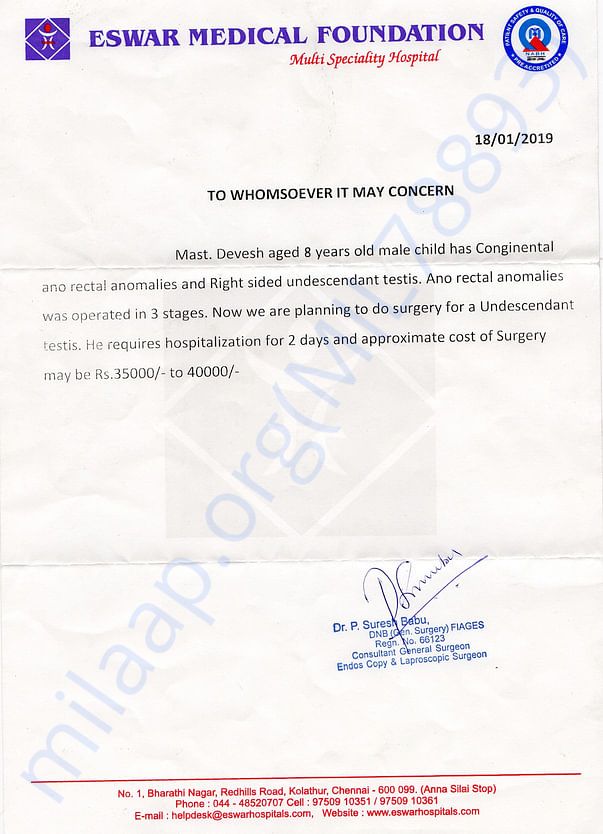 Letter from Eswar medical foundation, Chennai
