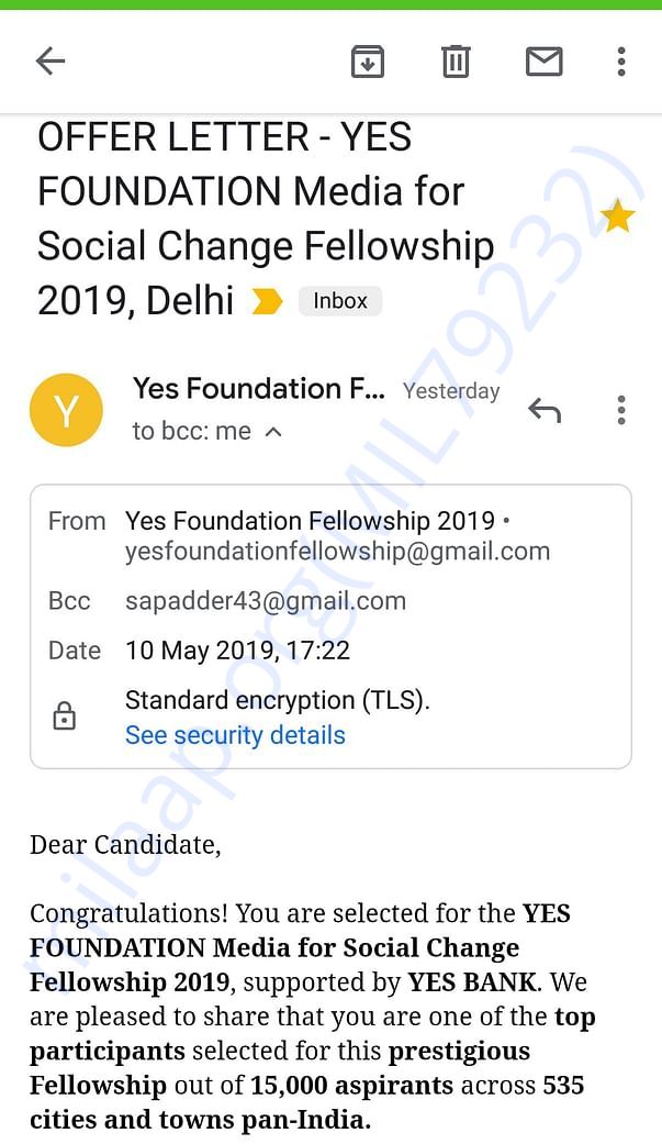 Latter of acceptance by yes foundation