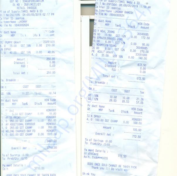 Bills for treatment at SKS Veterinary Hospitals - 5.5.2019 & 9.5.2019