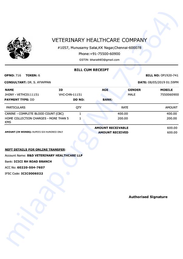 Bill for latest blood test- May 8th, 2019