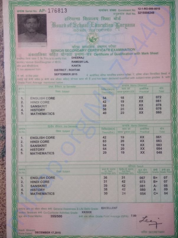 My +2 paas out mark sheet