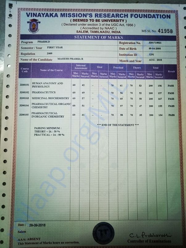 1st year semester mark sheet