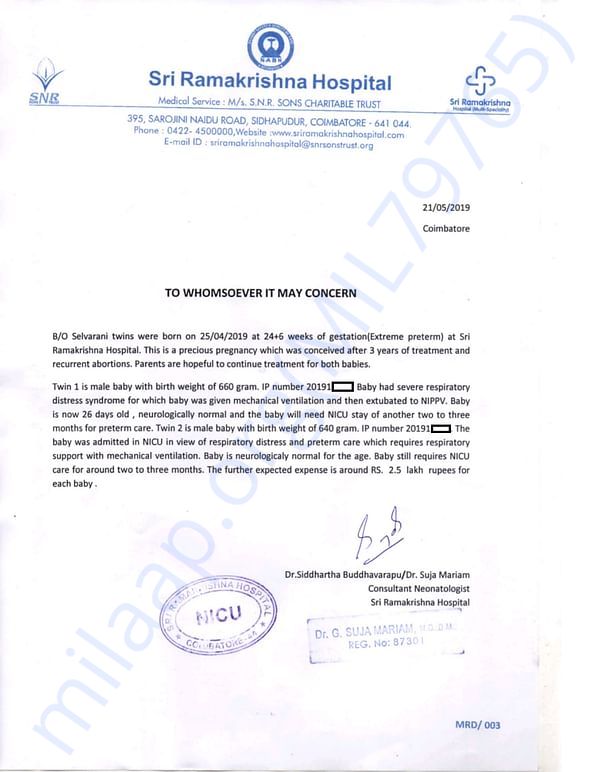 Cover/Estimate letter from hospital
