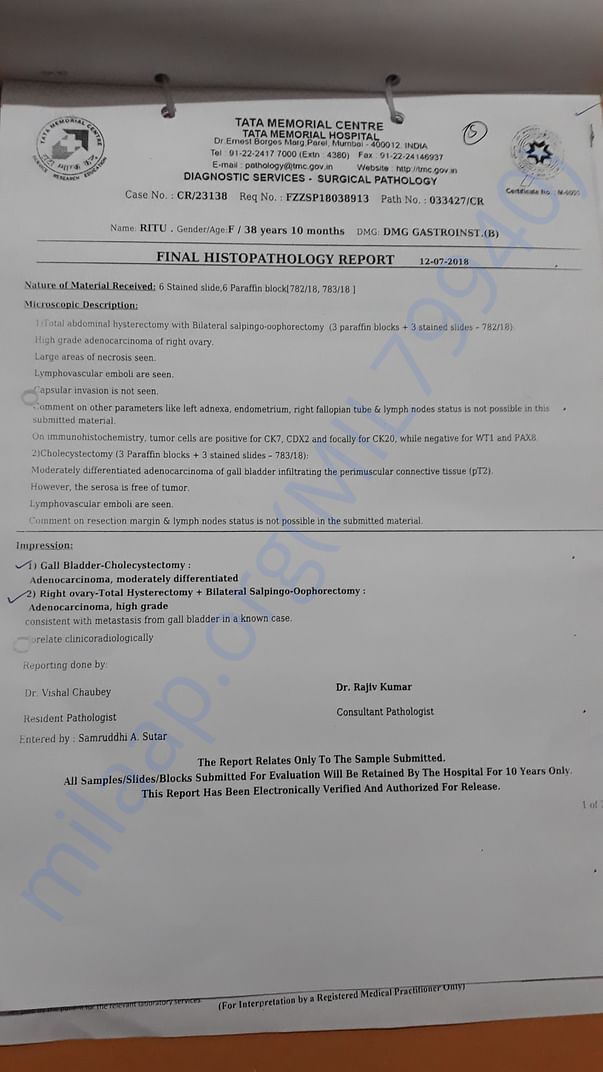 Final Biopsy Report of Tata Memorial Hospital, Mumbai