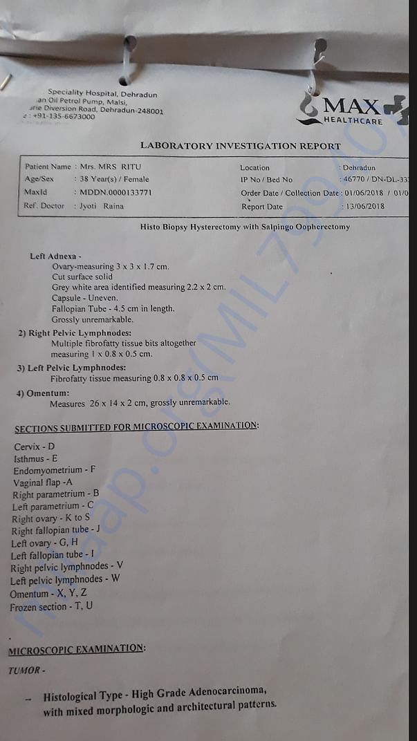 Lab Investigation Report Of Max Hospital Dehradun; Page 1