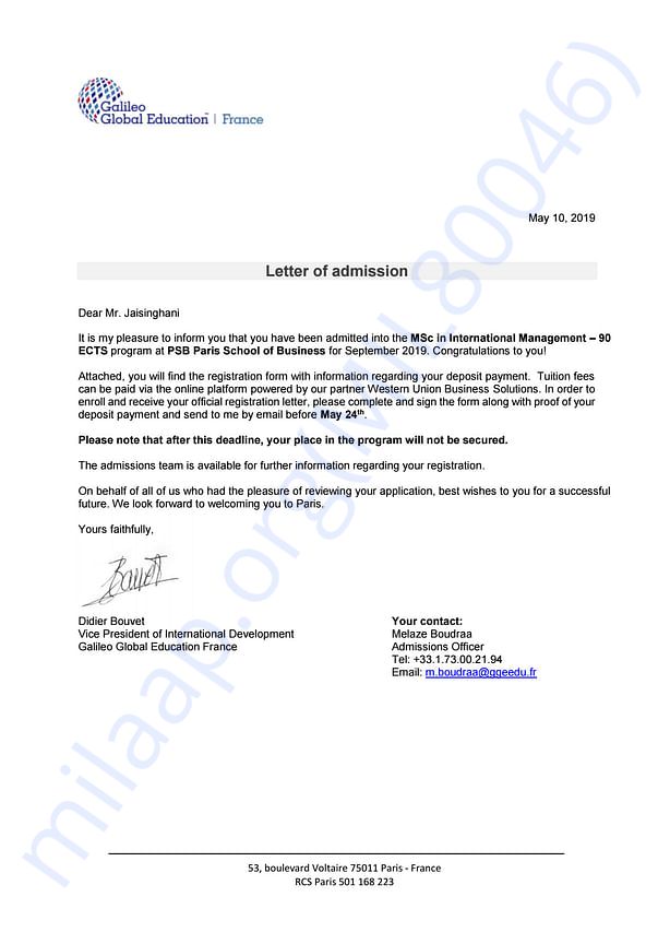 Admission letter