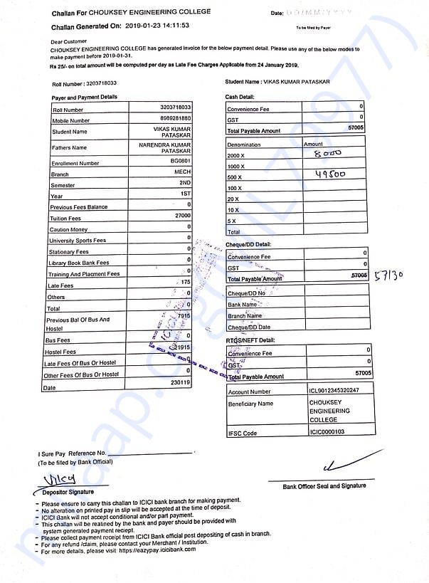 This document college fees receipt for verification purposes