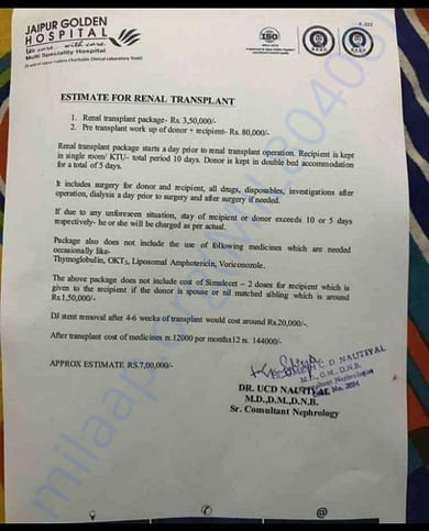 Jaipur golden hospital's estimate of the transplant