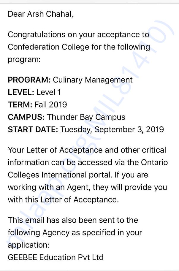 Acceptance letter
