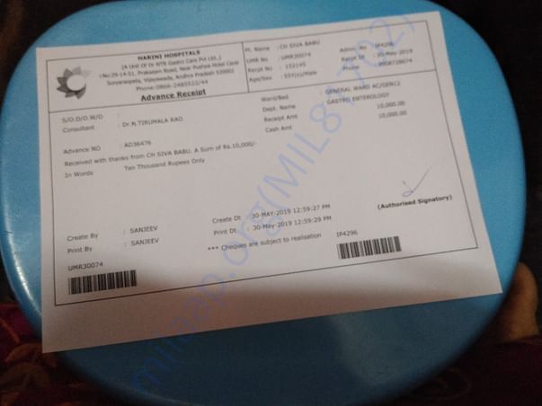 He admitted in hospital 22 May 2019 they paid 80000 bill in hospital