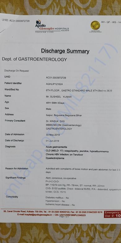 Discharge summary of Apollo Hospitals, Kolkata