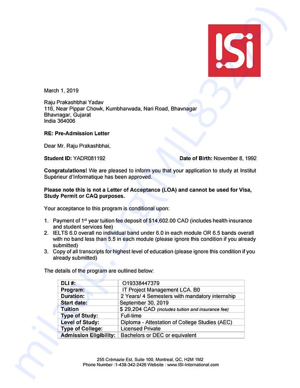 Admission letter