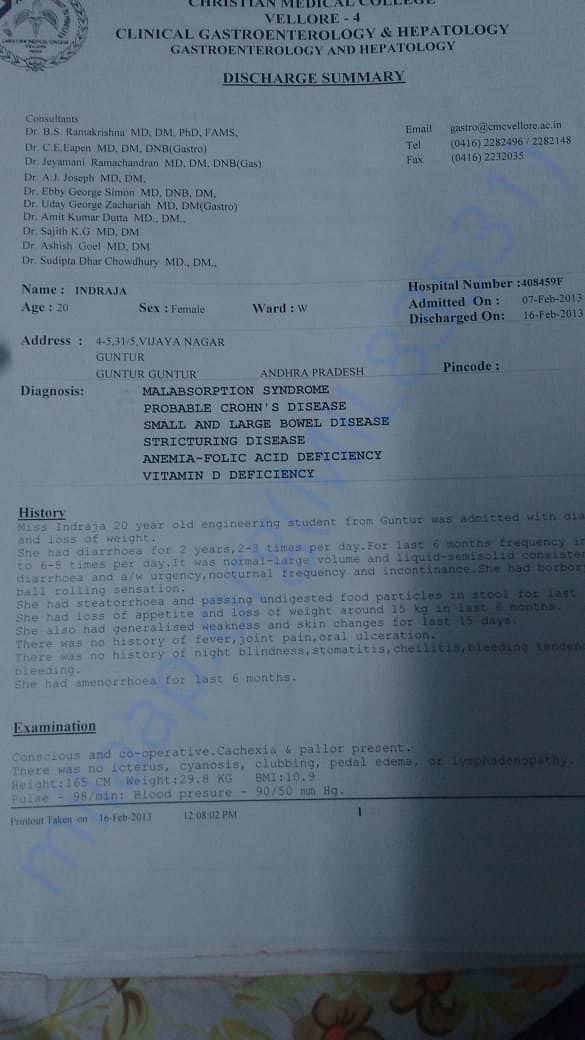 Discharge Summary @Vellore hospital in 2013