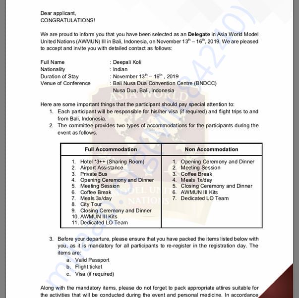 Admission letter