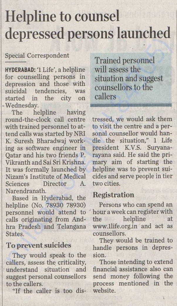 OneLife Press Release/Media Articles - Hindu Paper