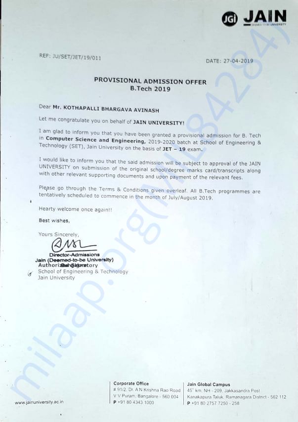 Avinash provisional admission letter