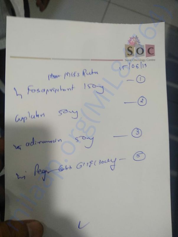 Proof of Initiation of first line treatment at Surat Oncology Centre.