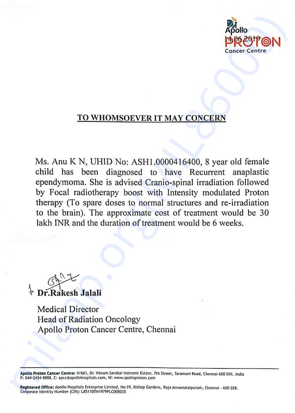 Letter from Apollo Proton Cancer Institute