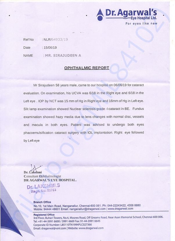 Father Doctor letter for Eye Surgery