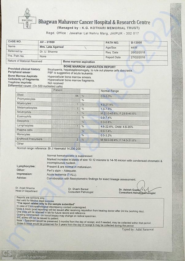 Bone marrow aspiration report