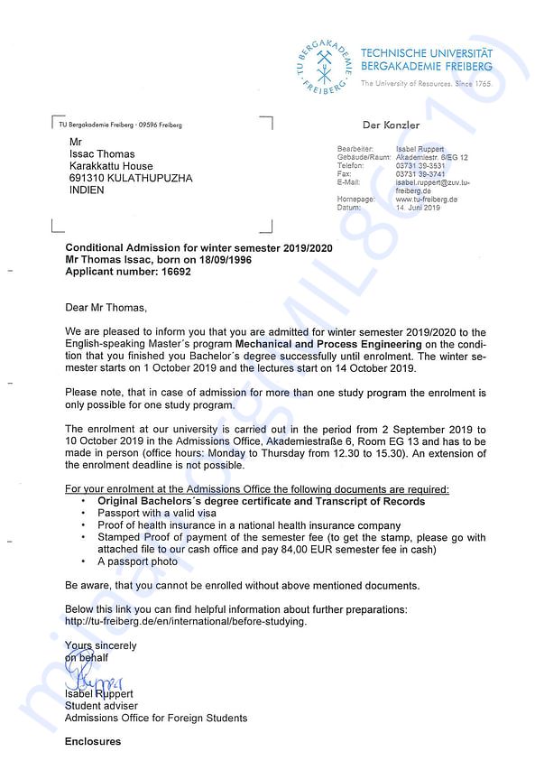Admission letter