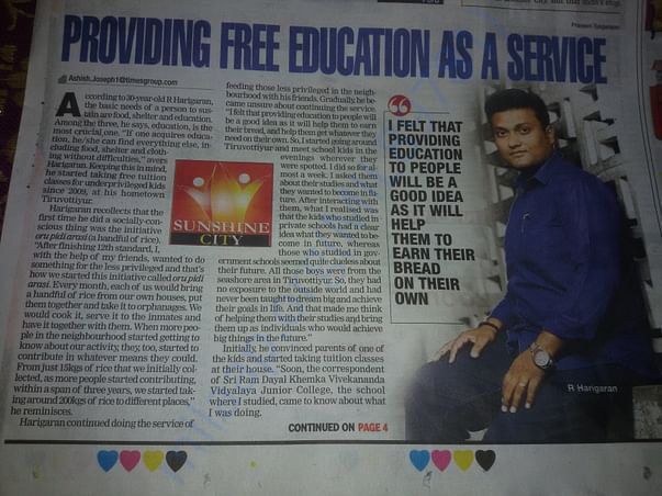 Story of founder Mr Harigaran and our centre in Times of India