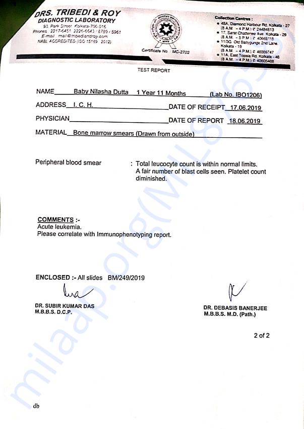 Drs. TRIBEDI & ROY DIAGNOSTIC LABORATORY Report 2nd page.