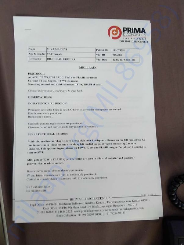 MRI HEAD AND CHEST CT REPORT OF UMADEVI