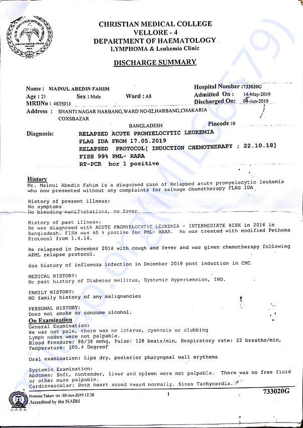 Discharge summery after high dosage chemotherapy