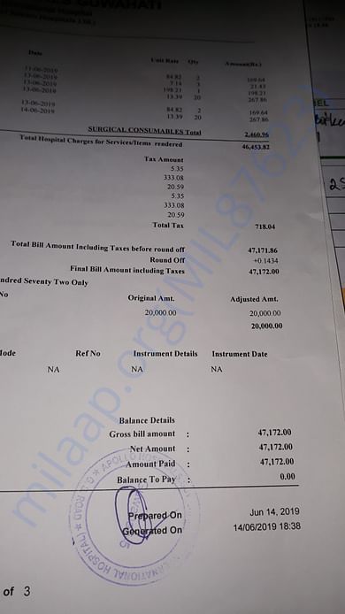 Total bill on dicharge 22 th june 2019